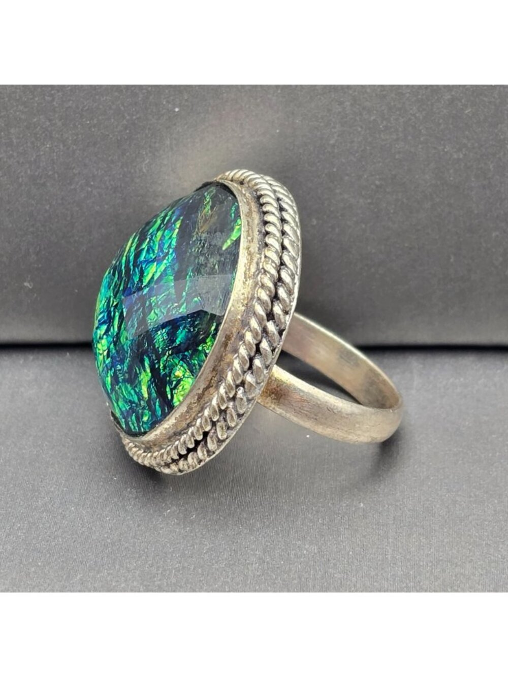 Vintage Sterling Silver Plated Dichroic Glass Ring Size 9.5 Bezel Rope Edge - Picture 2 of 13